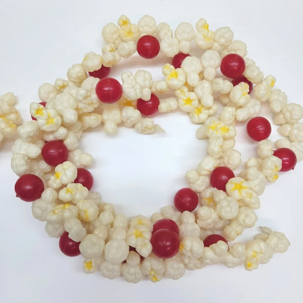 Vintage Plastic Popcorn and Cranberry Christmas Garland 8ft Strands Set 2
